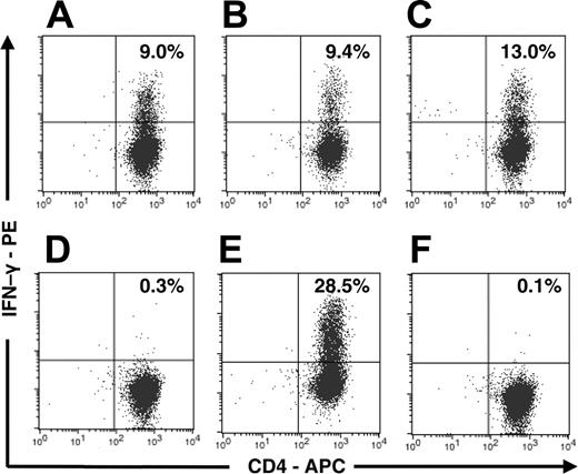 Figure 4. Anti-Aspergillus CD4+ T cells respond on stimulation with antigen extracts of A fumigatus, A flavus, A niger, and P chrysogenum, but not on stimulation with A alternata and C albicans. IFN-γ staining of anti-Aspergillus CD4+ lymphocytes from 1 donor on stimulation with antigen extracts of A fumigatus (A), A flavus (B), A niger (C), A alternata (D), P chrysogenum (E), and C albicans (F).
