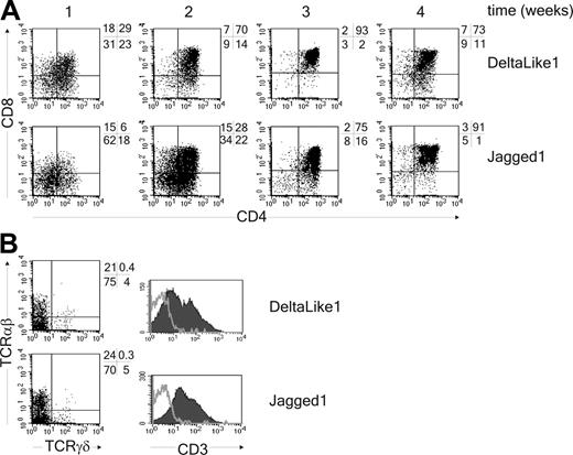 Figure 1. DL1 and Jag1 support T-cell development from thymic progenitor cells in vitro. (A) CD34+CD1a- thymic precursor cells were cocultured with OP9-DL1 or OP9-Jag1 for 4 weeks. Cells were analyzed for expression of CD4 and CD8 every week. (B) Analysis after 4 weeks for expression of TCRαβ, TCRγδ, and CD3 (CD3, filled histogram; isotype control, gray line). One representative experiment of 3 is shown.