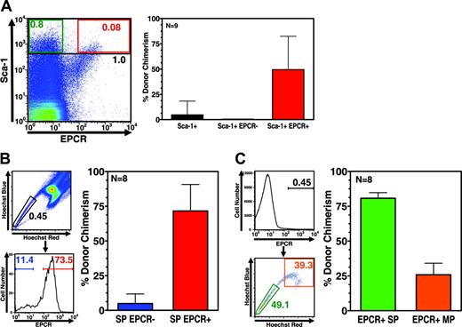 Figure 4. EPCR expression accurately identifies HSC activity. (A) Flow cytometry of total bone marrow stained with both Sca-1 and EPCR antibodies showing that EPCR identifies a distinct subfraction of Sca-1hi cells that constitutes approximately 10% of the Sca-1hi population. Black, green, and red text indicates the percentage of total cells found to be Sca-1hi, Sca-1hi EPCR–, and Sca-1hi EPCR+, respectively (left panel). Right panel indicates level of engraftment 4 months after transplantation of 100 cells sorted using the gates shown in the left panel in competition with 200 000 unfractionated bone marrow competitor cells. EPCR expression clearly fractionates all stem cell activity from the Sca-1hi population. (B) Gating logic used to isolate the 500 SP cells, either positive or negative for EPCR expression, that were transplanted in competitive repopulation experiments against 200 000 unfractionated bone marrow competitor cells (left panels). Engraftment of cells sorted 4 months after transplantation showing little engraftment activity by SP cells lacking EPCR (right panels). (C) Gating logic used to isolate 500 EPCR-expressing cells exhibiting either SP or MP dye-efflux phenotype (left panel). Repopulation of sorted cells 4 months after transplantation in competition with 200 000 unfractionated bone marrow cells showing significant engraftment by EPCR-expressing MP cells (right panel). Error bars represent standard deviation.