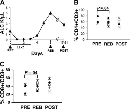 Figure 1. Administration of high-dose IL-2 alters lymphocyte counts. (A) Patients received 3 daily doses of high-dose IL-2 as tolerated (total of 7-11 doses per patient). Patients were leukapheresed prior to the start of treatment on day 0 (PRE), during the peak of lymphocytosis or rebound (REB), and about 2 to 3 weeks after therapy (POST), as indicated by the arrows. Absolute lymphocyte counts (ALCs) were measured daily. The percent of CD4+ (B) and CD8+ (C) T cells per CD3+ T-cell population was quantified for 8 patients by staining PBMCs with anti-CD4 and anti-CD3 antibodies. The dot plots were gated on live (propidium idodide negative, PI-) CD3+ T cells. For CD8 T cells, CD3+CD4- T cells were considered as CD8 T cells in some experiments. Each symbol represents one patient. Leukaphereses samples for POST were available only for 5 patients. P values were determined using paired t test and adjusted for multiple comparisons.