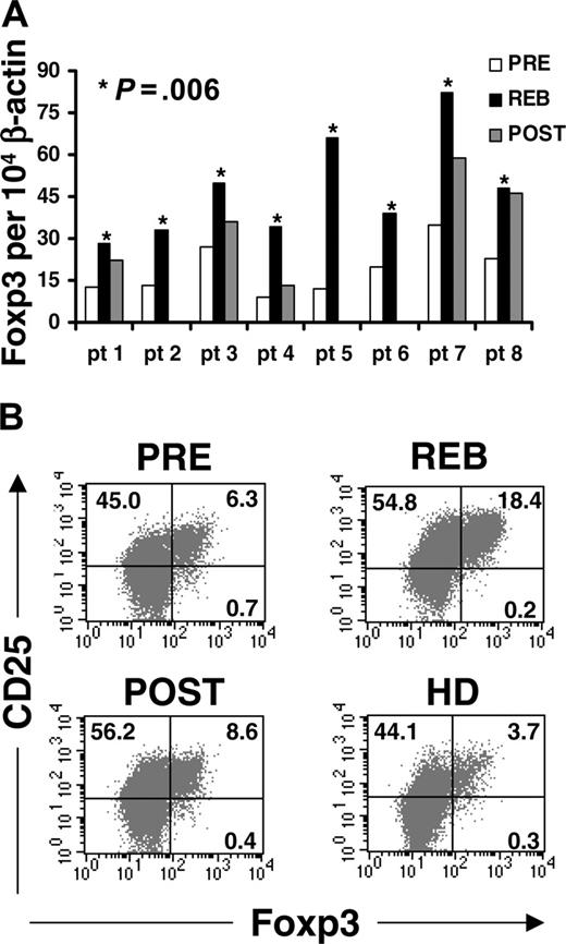 Figure 4. IL-2 increased the frequency of CD4+CD25+Foxp3+ T cells in peripheral blood. (A) RNA was extracted from highly purified CD4 T cells (> 97%-99%) isolated from PBMCs and collected through leukapheresis of 8 patients pretreatment (PRE), during rebound phase (REB), and 2 to 3 weeks after treatment (POST). Foxp3 levels were quantified using real-time RT-PCR and normalized for endogenous β-actin. The P value was calculated using paired t test and adjusted for multiple comparisons. (B) To determine Foxp3 expression per cell, cryopreserved PBMCs from patients or healthy donors were initially stained with allophycocyanin-conjugated anti-CD25, FITC-conjugated anti-CD4 or anti-CD8, and PerCP-conjugated anti-CD3 antibodies, followed by intracellular staining for Foxp3 protein. The dot plots were gated on CD3+CD4+ T cells. The quadrants for Foxp3 were based on the isotype control antibody. This result is representative of 6 patients and 3 healthy donors.