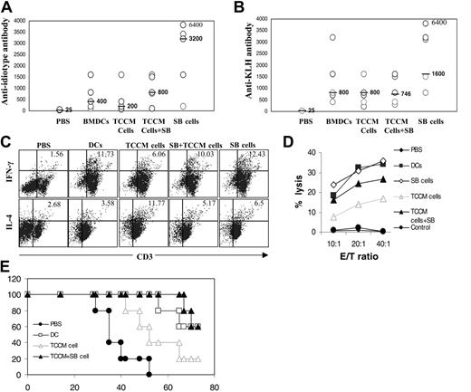 Figure 7. Inhibiting p38 MAPK restored the ability of TCCM-treated BMDCs to immunize mice against tumor antigen and KLH and to prolong mouse survival. Immune responses monitored included titers of (A) anti-Id and (B) anti-KLH antibodies, measured by ELISA assays. Bars and values beside them represent the median titers of the antibodies. (C) Intracellular staining of IFN-γ- and IL-4-expressing T cells. Value in each graph represents the percentage of CD3+ T cells expressing IFN-γ or IL-4. (D) Cytotoxicity of spleen T cells from mice (5 per group) vaccinated with normal BMDCs, TCCM-treated (TCCM cells), TCCM- and SB203580 (SB)-treated (TCCM-cells+SB), and SB-treated cells (SB cells) pulsed with Id-KLH conjugates. Mice that had received injections of PBS served as a negative control group. (E) Survival curve of myeloma-bearing mice. Mice (5 per group) were first inoculated with 2 × 106 5TGM1 myeloma cells. Ten days later, when circulating IgG2b Id protein was increased 1.5- to 2-fold over the background level, mice received 3 weekly DC vaccinations, as indicated. Mice were humanely killed when moribund. Representative results of 3 experiments are shown.