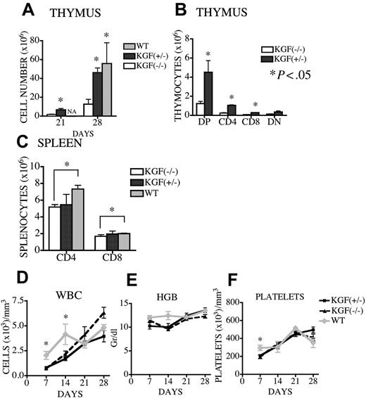 Figure 2. KGF is required for thymic reconstitution after sublethal irradiation. KGF-/-, KGF+/-, and WT mice were sublethally irradiated (450 cGy), and mice were harvested at day 21 and at day 28 after irradiation. (A-B) Thymic cellularity was determined, and DP, DN, CD4+, and CD8+ thymocyte numbers were calculated by flow cytometric analysis and thymic counts. (C) Splenic cellularity was determined, and splenic CD3+CD4+, and CD3+CD8+ T-cell numbers were calculated by flow cytometric analysis and splenic counts. (D-F) Peripheral blood was obtained from these mice at different time points, and white blood cell (WBC) counts, platelet counts, and hemoglobin levels were determined by an automated cell counter. Values represent mean (± SEM) and n = 3-10 per group. *P < .05.