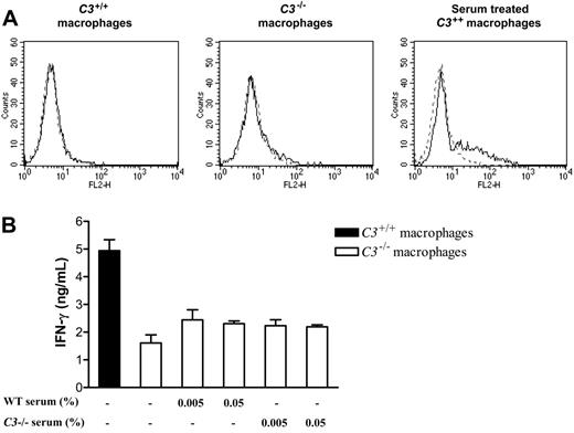 Figure 6. Extracellular C3 does not account for the different ability of C3-/- and C3+/+ macrophages to stimulate alloreactive T cells. Thioglycollate-elicited macrophages were prepared from C3+/+ and C3-/- mice (n = 5/group). (A) C3+/+ or C3-/- macrophages and C3+/+ macrophages that were preincubated with 25% mouse serum at 37°C for 30 minutes and washed 3 times were stained for deposition of C3 using FITC-conjugated goat anti-mouse C3 IgG F(ab′)2 fragment. In all histogram plots, the control peak (dashed line) corresponds to unstained cells. The detection peak (solid line) shows the binding of C3 antibody. (B) C3+/+ or C3-/- macrophages were cocultured with primed alloreactive CD4+ T cells in the absence or presence of either WT (wild-type) normal serum or C3-/- serum for 5 days. Supernatants were collected and used for measuring the production of IFN-γ by ELISA. Data were analyzed by Student t test and showed no significant difference between untreated C3-/- macrophages and serum-treated C3-/- macrophages. Error bars indicate SEM. Results presented in panels A and B are representative of 3 independent experiments.