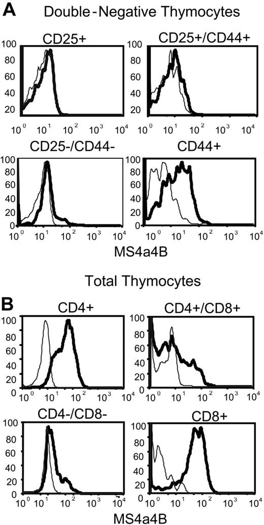 Figure 3. MS4a4B protein is expressed in thymocytes. (A) Double-negative thymocytes were analyzed by flow cytometry using 4-color staining. The samples were gated first on the CD4/CD8 double-negative population and subsequently on the 4 subsets of CD44 and CD25 expression, and then analyzed for MS4a4B as shown. Fluorescence intensity of MS4a4B (solid heavy line) or rabbit IgG control (light line) in each selected subset. (B) Total thymocytes were analyzed by flow cytometry as described in “Materials and methods” using 3-color staining. CD4 and CD8 were used for gating thymocyte subpopulations, and anti-MS4a4B (bold line) or Ig as control (light line) was analyzed subsequently as shown. Results shown are representative of 2 separate experiments.