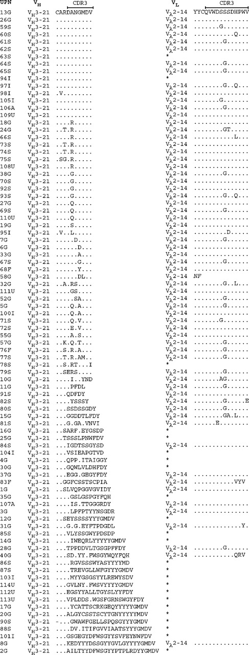 Figure 1. Amino acid sequences of the HCDR3 and LCRD3 in the VH3-21-using cases. The HCDR3 sequences are aligned to the most commonly occurring HCDR3 sequence (DANGMDV). Amino acids identical to the top sequence are indicated with a dot (.) and missing amino acids are indicated with a dash (-). Only the Vλ2-14 LCDR3 sequences are outlined, and an asterisk (*) indicates that the case used a VL gene other than Vλ2-14. Geographic origin of the patient is indicated in the case number: Germany (G), Sweden (S), Italy (I), United States (U), Finland (F), and Australia (A).