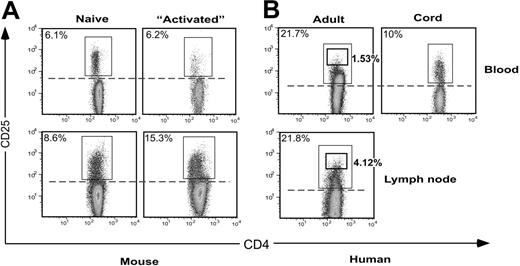 Figure 1. Comparison of expression of CD4 versus CD25 in human and mouse. Peripheral-blood leukocytes were stained with mAbs to CD4 and CD25, and gated for lymphocytes expressing CD4. (A) In mice, the number of conventional activated CD4+ T cells expressing CD25 was low compared with the number of regulatory CD4+CD25+ cells, even when a large number of CD4+ T cells were actively proliferating during reconstitution of lymphopenic host mice (“Activated” plots). (B) In adult blood, up to 20% to 30% of CD4+ T cells expressed CD25, and many of these cells appeared to be effector and memory cells resulting from encounter with foreign antigens. In contrast, the human cord-blood profile resembled that of mice.