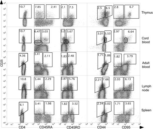 Figure 3. Expression of CD45RA, CD45RO, CD44, and CD95 markers by human T cells from infant thymus, cord or adult peripheral blood, lymph nodes, and spleen. Profiles are gated for live cells expressing CD4. Two populations of CD25bright and CD25int T cells are identified by the boxes, with the numbers giving the relative percentages in each population. Results are representative of 6 to 9 independent experiments.