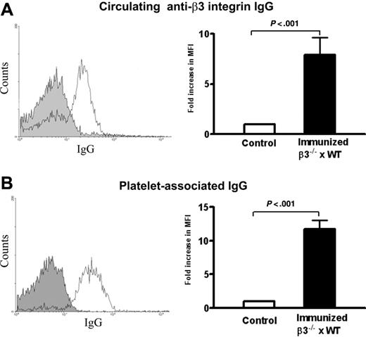Figure 4. Circulating IgG and platelet-associated IgG in heterozygous pups delivered from immunized β3-/- mothers. (A) Circulating IgG against mouse β3 integrin was detected in heterozygous pups (thin line) and pups of WT controls (filled area) by flow cytometry. (B) Platelet-associated IgG was detected in heterozygous pups (thin line) and pups of WT controls (filled area) by flow cytometry. Bar graphs represent means ± SEM fold increase of circulating IgG and PAIgG from heterozygous pups versus WT pups; n = 5-12.
