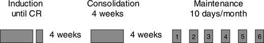 Figure 1. Regimen of single-agent arsenic trioxide. Arsenic trioxide was administered intravenously at a dose of 10 mg for adults and 0.15 mg/kg for pediatric patients until CR. Another 4-week course (consolidation) was administered after a 4-week interval for those achieving CR. Subsequently, after a second 4-week interval it was administered for 10 days/month for 6 months (maintenance).