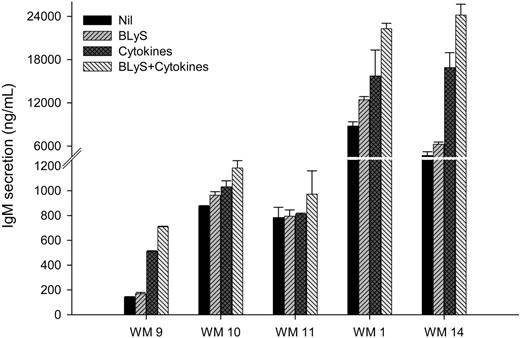 Figure 4. Elevated IgM levels in the presence of BLyS. CD19+CD138+ cells (0.25 × 106 cells/well) from WM patients (n = 5) were cultured in 48-well plates in the presence of 100 ng/mL BLyS, cytokines (20 U/mL IL-2, 5 ng/mL IL-6, 5 ng/mL IL-10, and 2 ng/mL IL-12), a combination of BLyS + cytokines, or media alone. One week following treatment, supernatants were harvested and used to test for IgM secretion using ELISA. Results for 5 WM patients are presented as means ± standard deviation (SD) of duplicate wells.