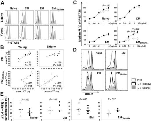 Figure 2. Measuring P-STAT-5, Bcl-2, and cell survival in CD8+ T-cell subsets in response to IL-7 in elderly and young subjects. PBMCs from healthy elderly and young subjects were stained with antibodies to CD8, CD45RA, and CCR7. (A-C) Cells were incubated for 10 minutes with recombinant human IL-7 (10 pg/mL∼10 ng/mL) or PBS. P-STAT5 in naive, CM, EM, and EMCD45RA+ CD8+ T-cell subsets was measured using flow cytometry. (A) Representative histograms of P-STAT5 (shaded) and isotype control (open) staining. (B) Correlation between the frequencies of IL-7Rαhigh cells and P-STAT5high cells. (C) MDFI of P-STAT5 staining is compared between elderly (○, n = 10) and young (•, n = 10) subjects. (D-E) Cells stained with antibodies to CD8, CD45RA, and CCR7 were sorted into naive, CM, EM, and EMCD45RA+ CD8+ T cells using a FACSAria. Cells were incubated for 6 days in the presence of recombinant human IL-7 (100 ng/mL) or PBS. (D) Cells were permeabilized and stained with antibodies to Bcl-2 (representative data from 4 separate subjects in each group). (E) Cells were stained with annexin V and 7-AAD to identify live cells (annexin V- and 7-AAD-). The difference in the frequency of live cells between samples treated with IL-7 and PBS was calculated from each sample (○ indicates elderly; •, young). P values were obtained with the Pearson correlation (B) or the Mann-Whitney U test (C,E).