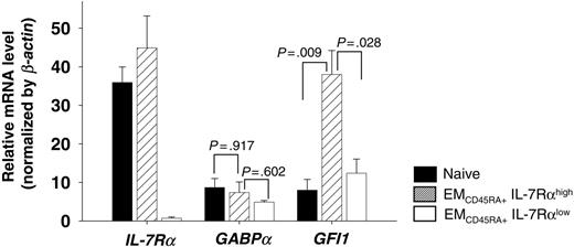 Figure 6. Expression of IL-7Rα, GABPα, and GFI1 mRNA in naive and EMCD45RA+ IL-7Rαhigh and IL-7Rαlow CD8+ T cells in the elderly. PBMCs from healthy elderly subjects were stained with antibodies to CD8, CD45RA, CCR7, and IL-7Rα and were sorted into naive, EMCD45RA+ IL-7Rαhigh, and IL-7Rαlow CD8+ T cells. Expression of IL-7Rα, GABPα, and GFI1 mRNA was measured in freshly isolated naive, EMCD45RA+ IL-7Rαhigh, and IL-7Rαlow CD8+ T cells using real-time PCR. Graphs show the mean ± SD expression (n = 5) of the indicated genes. Data were normalized to β-actin expression in individual samples. P values were obtained with the Mann-Whitney U test.