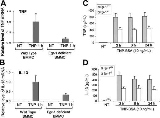 Figure 5. Egr-1 is required for the full responsiveness of TNF and IL-13 production by mast cells in response to FcϵRI aggregation. Mouse BMMCs from wild-type mice or Egr-1–deficient mice were sensitized with anti-TNP IgE and stimulated with TNP-BSA (10 ng/mL). (A-B) Cell pellets were used for RNA isolation. Real-time quantitative PCR was performed to determine TNF and IL-13 expression. TNF and IL-13 expression was normalized to endogenous control GAPDH. The data are expressed as relative mRNA level compared with the average expression level in wild-type BMMCs treated with TNP-BSA for 1 hour (= 1) because at this time point TNF and IL-13 showed the highest expression level. (C-D) Cell-free supernatants were used for examining TNF and IL-13 production by ELISA. Error bars represent standard error (A-B, n = 3; C-D, n = 5).