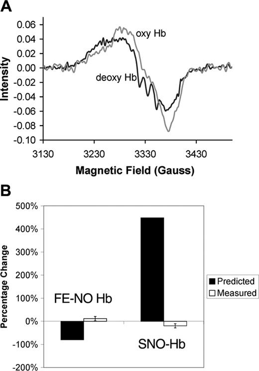 Figure 2. Lack of allosterically controlled intramolecular transfer. (A) Typical EPR spectra of Hb before and after oxygenation. The triplet hyperfine structure characteristic of pentacoordinate α-nitrosyl Hb present in the deoxygenated sample (deoxy Hb) disappears upon oxygenation (oxyHb). For this sample, the total Hb concentration was 4.5 mM and was 99.6% deoxygenated when ProliNO was added. Before oxygenation the total Fe-NO Hb was 3.8 μM, of which 53% was on the β subunits and 24% was of the pentacoordinate α-nitrosyl form. After oxygenation, the total Fe-NO Hb was measured to be 4.1 μM, of which 47% was on the β subunits and 0% was of the pentacoordinate α-nitrosyl form. (B) Measured changes in Fe-NO Hb and SNO-Hb versus those predicted by the SNO-Hb hypothesis. The predictions are shown assuming 80% transfer from heme to thiol. Thus, the prediction is that the amount of Fe-NO Hb would go from 3.7 μM to 0.74 μM upon oxygenation, giving a percentage change of 2.96/3.7 = 80%. The SNO-Hb is predicted to go from 0.66 μM to 3.62 μM (2.96 μM is transferred from the heme iron), giving a percentage change of 2.96/0.66 = 448%. These predictions are based on data presented by Gow and Stamler that measured the amount of SNO-Hb yield as a function of the NO/Hb ratio.2 Below a NO/Hb ratio of 1, as the NO/Hb ratio increased, the SNO-Hb yield decreased.2 At the lowest NO/Hb ratio tested of 0.01, the reported yield was 80%.2 Our samples had an NO/Hb ratio below 0.001. Error bars shown in measured values correspond to 1 standard deviation.