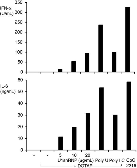 Figure 1. IFN-α and IL-6 induction by U1snRNP/DOTAP complexes in FL-DCs. FL-DCs were incubated with U1snRNP/DOTAP complexes (5, 10, and 20 μg/mL U1snRNP and 12.5 μg/mL DOTAP) or control stimuli (DOTAP/poly-U 20 μg/mL, DOTAP/poly-I:C 20 μg/mL, CpG 2216 0.5 μM) for 40 hours. Concentrations of IFN-α and IL-6 were measured in the supernatants by ELISA. Results of 1 of 3 representative independent experiments are shown.
