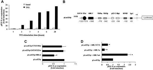 Figure 2. AML1 is involved in the transcriptional regulation of IEX-1. (A) Activation of the IEX-1 promoter in UT7-Mpl cells. UT7-Mpl were transiently transfected with the pLucIEXp plasmid. The cells were treated with TPO (10 nM, ▪) or with EPO (2 U/mL, □) 5 hours after transfection and were assessed for luciferase activities at the indicated times. Transfection efficiencies were normalized to the Renilla luciferase activity from the cotransfected internal control plasmid (phRL-Null). The results are from one representative experiment. (B) Schematic diagram of the wild-type IEX-1 promoter-luciferase reporter. (C) Site-directed mutagenesis of the binding sites for AML1 (–1068), GATA-1 (–1322), or ETS (–1318) in the human IEX-1 promoter affects its transcriptional activation. The site-directed mutants and wild-type promoter luciferase activities were compared after transient transfection and 20 hours of TPO stimulation of UT7-Mpl cells. (D) Effect of AML1 dominant-negative (DN) mutants on IEX-1 promoter induction. The pLucIEXp was cotransfected with wild-type (AML1wt) or DN (AML1a and AML1/ETO) forms of AML1. Cells were harvested and luciferase assays were performed after 20 hours of TPO treatment. Data represent mean ± SD of at least 3 independent experiments. *P < .01.