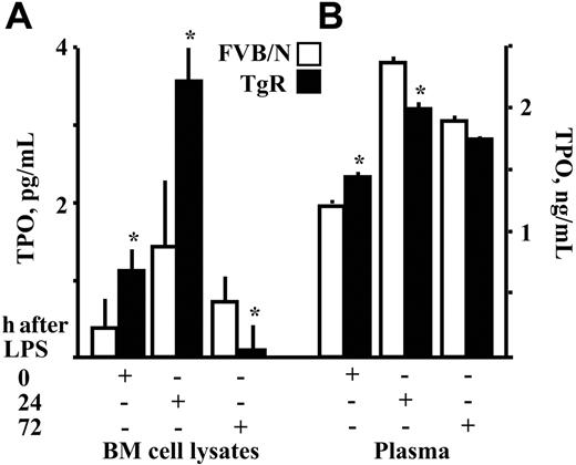 Figure 3. Changes in TPO levels in response to LPS injection. Thrombopoietin (TPO) levels were measured in (A) bone marrow cell lysates and (B) plasma from TgR and FVB/N mice. Asterisks denote significantly different values. Results are presented as mean ± SD (P < .04, n = 10). (+) indicates the time point where quantitation was performed.