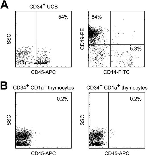 Figure 6. Repopulation of NOD/SCID mice. (A) Human CD34+ UCB cells efficiently repopulate BM of NOD/SCID mice. (Left) Expression of human CD45 within the lympho/monogate. (Right) Expression of CD19 and CD14 within the CD45 gate. (B) No human CD45+ cells were detected in BM of mice that received a transplant with CD34+CD1a– thymocytes (left) or with CD34+CD1a+ thymocytes (right).