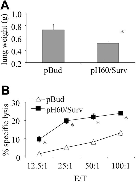 Figure 7. pH60/Surv vaccine induces long-term protection against tumor cell challenge. Mice were challenged by intravenous injection of 1 × 105 CT-26 colon carcinoma cells 5 months after the second vaccination and were killed 20 days later. (A) Average lung weight of challenged mice. Average lung weight of healthy mice was approximately 0.2 g. *P < .02 compared with pBud control group. (B) Splenocytes were stimulated in vitro for 5 days with irradiated CT-26 cells and then used in a standard 51Cr-release assay against CT-26 target cells. *P < .01 compared with pBud control group.