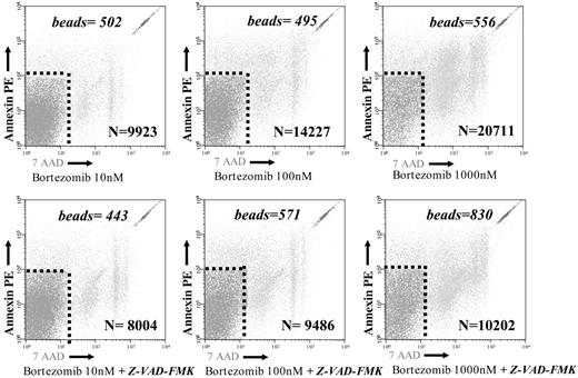 Figure 7. Samples cultured with different concentrations of bortezomib with or without Z-VAD-FMK were acquired with a calibrated number of Trucount Tubes with fluorescent beads in order to calculate the absolute count of annexin V–PE–positive and/or 7-AAD–positive cells. The following equation was used: (number of events contained in annexin V–PE plus 7-AAD–negative region/number of events in absolute count bead region) × (number of beads per test/test volume). The numbers specified in the figures represent the number of beads in each test and the number of events in the annexin V–PE–positive and/or 7-AAD–positive region. The absolute number of annexin V–PE–positive and/or 7-AAD–positive events, which correspond to apoptotic cells, decreased a mean of 11%, 29%, and 49% in the presence of the pancaspase inhibitor after exposure to concentrations of 10, 100, and 1000 nM bortezomib, respectively (P < .05 for 100 and 1000 nM). Similar values were observed when only annexin V–PE–positive cells were analyzed.