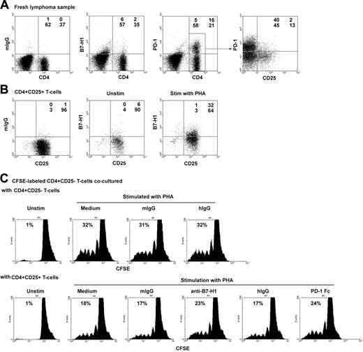 Figure 5. The interaction between PD-1 and B7-H1 is involved in intratumoral Treg cell-mediated inhibition of CD4+CD25+ T cells in B-cell NHL. (A) Dot plots showing the expression of B7-H1 and PD-1 on tumor-infiltrating CD4+CD25+/- T cells freshly isolated from B-cell NHL (n = 6). (B) Dot plots showing the expression of B7-H1 on resting (middle) or PHA-activated (right) CD4+CD25+ T cells (n = 3). (C) Histograms showing the effect of the interaction between B7-H1 and PD-1 on intratumoral Treg cell-mediated suppression of infiltrating CD4+CD25- T cells in B-cell NHL. CFSE-labeled CD4+CD25- T cells were cocultured either with CD4+CD25- or CD4+CD25+ T cells in the presence or absence of PHA stimulation for 5 days. Cells in the coculture system were treated with an anti-B7-H1 antibody or PD-1 fusion protein as well as their corresponding controls. The histogram is a representative of 7 samples using the B7-H1 antibody, and of 5 samples using PD-1 Fc. Patient sample no. 11, nos. 15 to 18, and nos. 20 to 23 were used in these experiments.