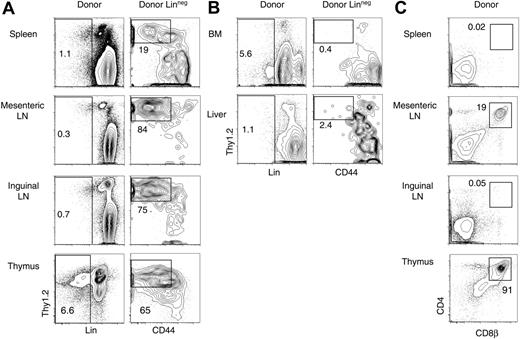 Figure 4. Tissue distribution and extent of differentiation of post-BMT T-lineage progenitors. B6 mice were lethally irradiated and reconstituted with Ly5SJL BM cells. Three weeks later, cell suspensions from the spleen, MLNs, inguinal lymph nodes, BM, liver, and thymus were assessed by flow cytometry for the presence of donor-derived cells with phenotypic characteristics of T-lineage progenitors (SpT cells, as defined in Figure 2). The 3-week time point was chosen to evaluate the overall extent of prethymic differentiation. Data are representative of 2 experiments. Numbers indicate the percentage of cells in the boxed region. (A) Presence of donor-derived Lin–Thy1.2+ pre-T cells in the spleen, lymph nodes, and thymus. (B) Absence of donor-derived SpT cells in the BM and liver. (C) Generation of donor-derived CD4+CD8+ DP cells in the MLNs, but not in other lymph nodes or in the spleen after BMT.