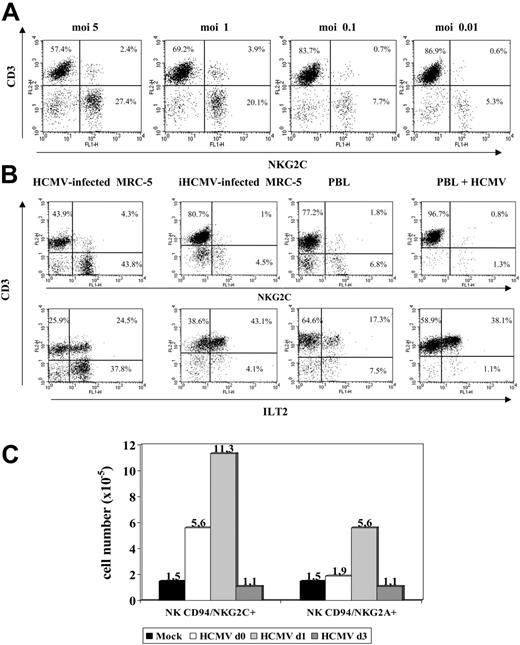 Figure 4. Expansion of NKG2C+ NK cells is dependent on the HCMV infection of fibroblasts and on the time of their interaction. (A) The distribution of NKG2C+ cells in response to HCMV-infected MRC-5 cells at different MOI was analyzed. The percentage of NKG2C at MOI of 0.01 was comparable to mock-infected samples (not shown). (B) PBLs from HCMV+ donors were cocultured with mock- or Towne-infected MRC-5 fibroblasts; in parallel, PBLs were incubated with the virus alone (HCMV) or fibroblasts infected with UV-inactivated Towne (iHCMV). Two-color flow cytometry analysis was performed at day 10 with anti-CD3, -NKG2C, and -ILT2 mAbs. Data are representative of 5 different experiments. (C) PBLs were incubated with Towne-infected MRC-5 cells at different time points after infection (days 0, 1, and 3). At day 10, cells were harvested, counted, and analyzed by flow cytometry; the numbers of NKG2C+ and NKG2A+ cells recovered are shown. A similar pattern of response was observed in 3 different experiments.