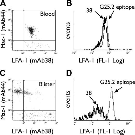 Figure 3. Expression of granulocyte CD11a epitopes in blood versus skin blisters. Representative LFA-1/Mac-1 dot plots for neutrophils in blood (A) and 16-hour blister fluid (C), using mAbs 38:FITC and ICRF44:PE, respectively. Representative histogram overlays for CD11a epitopes 38 and G25.2 expressed by neutrophils in blood (B) and 16-hour blisters (D).