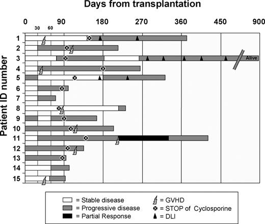 Figure 2. Clinical course after transplantation. Disease status at different time points is indicated with bars of different colors. White bars indicate stable disease (SD); light gray bars, progressive disease (PD); and dark gray bars, partial response (PR). Discontinuation of immunosuppression is represented by a dark circle and the onset of GVHD by lighting. Donor lymphocyte infusions (DLIs) are described with a triangle.