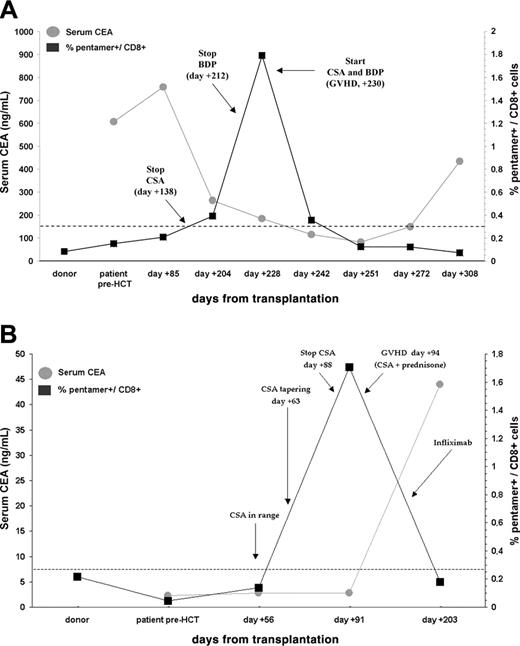 Figure 3. In vivo expansion of CD8+ T cells specific for CEA-Cap1 is associated in time with GVHD onset. PBMCs obtained at different time points before and after transplantation were stained with HLA-A*0201/CEA-Cap1 pentamer as described in “Patients, materials, and methods.” The percent of CD8+ HLA-A*0201/CEA pentamer+ cells within the CD8+ population is shown (black line). Arrows indicate time points in which immunosuppressive treatment was modified (CSA indicates cyclosporin A; BDP, beclomethasone diproprionate; and PDn, prednisone). The dashed line indicates background threshold of pentamer staining. Concomitant with pentamer staining, serum CEA levels were determined by carbonyl metallo-immunoassay (gray line). (A) Time course of patient no. 11. (B) Time course of patient no. 8.