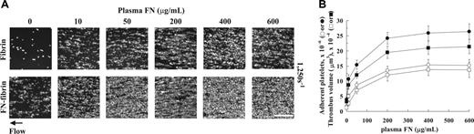 Figure 4. Effect of concentrations of plasma fibronectin in the perfusate on platelet thrombus formation under shear conditions. (A) A suspension of platelets and red blood cells was premixed with plasma fibronectin (FN), 10 to 600 μg/mL (20-1200 nM), and perfused through a flow chamber opposed to a coverslip or culture dish coated with fibrin or fibronectin-fibrin for 5 minutes at a shear rate of 1250 s–1. Coverslips were taken out of the chamber, and microscopy was performed as described in Figure 1. Bar = 100 μm. (B) Thrombus volumes (□, on fibrin or ▪ on fibronectin-fibrin) and platelet numbers (○, on fibrin or •, on fibronectin-fibrin) were measured as described in Table 1. Values represent the mean ± SD (n = 3-4 experiments).