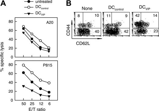 Figure 5. Treatment with DCVIPs does not abrogate cytotoxicity of transplanted T cells against leukemic cells. GVHD was induced in recipient Balb/c (H-2d) mice by allogeneic transplantation of BMS from B6 (H-2b) mice. Two days after transplantation, recipients were given injections of medium (none) or with BM-DCs from Balb/c (H-2d) generated in the absence (DCcontrols) or presence (DCVIPs) of VIP. (A) Donor I-KbCD8+ cells isolated from recipient spleens (untreated, •; DCcontrols-treated, ○; DCVIPs-treated, ▾) were subjected to cytotoxicity assays against leukemia A20 (H-2d) and mastocytoma P815 (H-2d) cells (n = 8). (B) Donor I-KbCD8+ cells isolated from recipient spleens were analyzed for CD44 and CD62L expression by flow cytometry. Numbers represent the percentage of cells in each quadrant. Result is representative of 8 identical experiments.