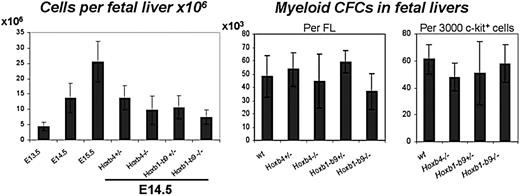 Figure 2. Hematopoietic characterization of Hox mutants. FL cellularity (left panel) from 13.5-, 14.5-, and 15.5-day-old wild-type embryos and from homozygous and heterozygous Hoxb4 and Hoxb1-Hoxb9 14.5-day-old embryos (n = 6, 22, 8, 19, 20, 17, and 10 from left to right). P values are .01, .03, and < .001 for FL cellularity of Hoxb4-/-, Hoxb1-b9+/-, and Hoxb1-b9-/- mice, respectively. Myeloid progenitors per fetal liver (center panel, n = 3, 4, 3, 3, and 3) and per 3000 sorted c-kit+ cells (right panel, n = 3) of E14.5 mutant and control FLs. Values are expressed as the mean ± SD from 3 samples per test group (exact number shown in Tables 1 and 2). Statistical analysis was performed using a 2-tailed Student t test.