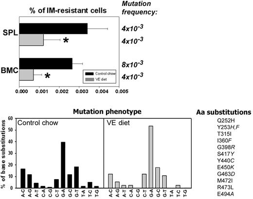 Figure 7. An antioxidant inhibits ROS-induced mutations in BCR/ABL kinase domain in vivo. Leukemia-bearing SCID mice were fed with control chow (▪) or vitamin E-enriched diet (VE diet, ▦). Then, mononuclear cells of SPL and BMC were plated in methylcellulose in the absence of IL-3 (only leukemia cells grow) and the presence or absence of IM, and colonies were counted after 7 days. BCR/ABL kinase domain in IM-resistant cells was amplified by reverse transcriptase-polymerase chain reaction and sequenced. Mutation frequency and the percentages of base substitutions (Mutation phenotype) in the sequence encoding BCR/ABL kinase are shown. Mutations leading to previously described amino acid substitutions in BCR/ABL kinase are listed (Aa substitutions). *P < .01 compared with control chow group.