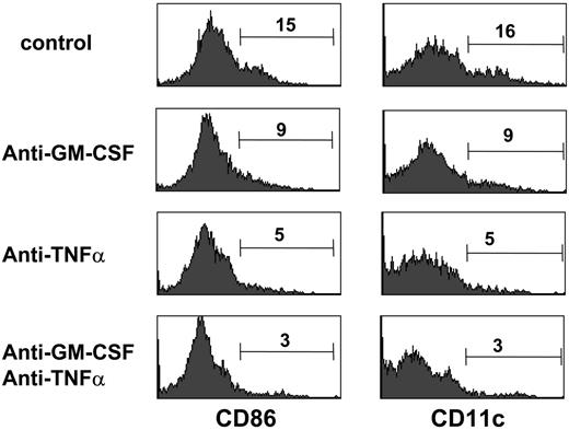 Figure 4. Differentiation of CD34+ cells upon culture with allogeneic T cells is mediated by endogenous GM-CSF and TNFα. Purified CD34+ cells were cultured with irradiated allogeneic T cells alone (control) or in the presence of anti-GM-CSF (anti-GM-CSF), anti-TNFα (anti-TNFα) mAb, or both (anti-GM-CSF anti-TNFα), then analyzed by flow cytometry for the expression of CD86 and CD11c. Markers were set in each histogram based upon isotype controls in order to calculate the percentage of positive cells.