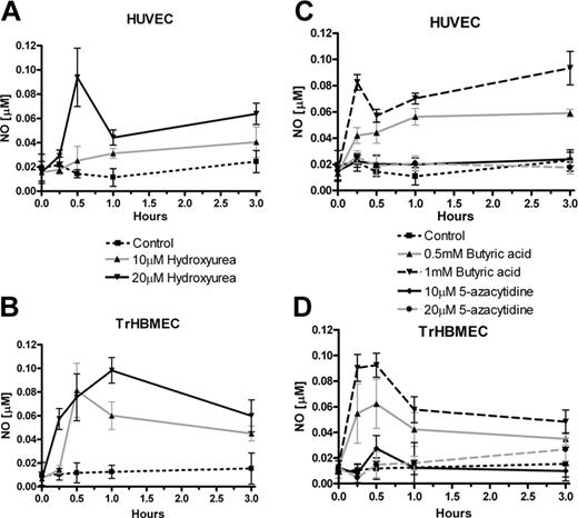 Figure 1. Measurement of NO production in endothelial cells during incubation with hydroxyurea and 2 other cytostatic agents. (A) HUVECs were treated with different concentrations of hydroxyurea (10 and 20 μM). (B) TrHBMECs, as well as HUVECs, were treated with different concentrations of hydroxyurea. (C) HUVECs were treated with different concentrations of butyric acid sodium salt (0.5 and 1 mM) and 5-azacytidine (10 and 20 μM). (D) TrHBMECs were treated with the same concentrations of butyric acid sodium salt and 5-azacytidine as HUVECs. Results are from 3 to 4 independent experiments: HUVECs are from different cryopreserved cells pooled from several donors, whereas TrHBMECs are thawed from a new cryovial for each experiment. Values are mean ± SEM (n = 3).