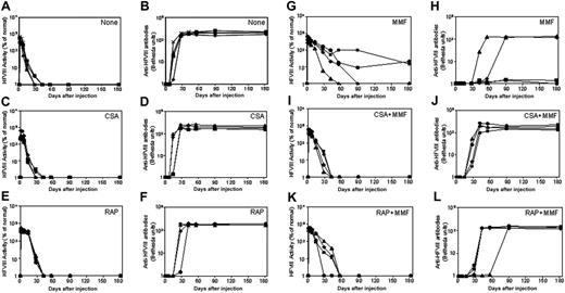 Figure 1. Naked plasmid transfer of hFVIII plasmids into hemophilia A mice with immunosuppressive agents. hFVIII levels and inhibitory activity were assessed in hemophilia A mice after treatment with pBS-HCRHPI-hFVIIIA beginning on day 1. No transient immunosuppression (A,B), CSA (C,D), RAP (E,F), and MMF (G,H). Fifty μg plasmid in 2 mL saline solution was injected into the tail vein of mice (n = 4) in 5 to 8 seconds. Immunosuppressive drugs were administered intraperitoneally for 14 days starting from the day of the plasmid injection. Mice were then bled at regular intervals. Circulating hFVIII activities in plasma were evaluated by a modified clotting assay (A,C,E,G) and confirmed by a COATEST assay. Inhibitory antibody titers were evaluated by Bethesda assay and are expressed as BU/mL (B,D,F,H). For transient immunosuppression with combined agents, CSA and MMF (I,J) and RAP and MMF (K,L) are shown. Combined immunosuppressive drugs were given at the same schedule as the respective single agent (Table 1). Each symbol represents an individual mouse's results from both assays.