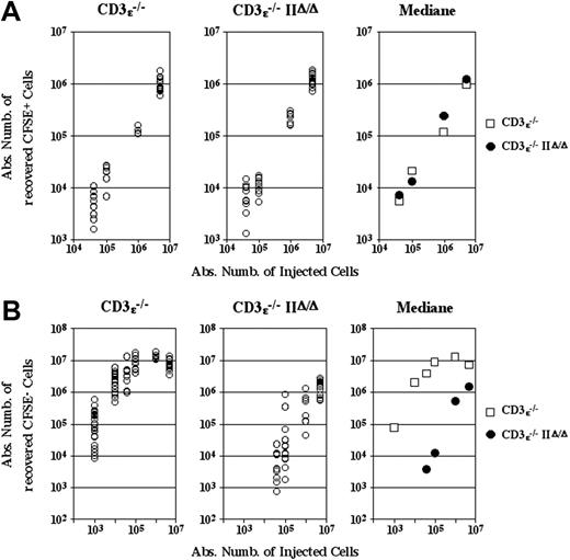 Figure 2. The frequency of CD4+ T cells giving rise to CFSE- CD4+ T cells is strongly diminished in the absence of MHC class II molecule expression. Various amounts (103to 5 × 106) of CFSE-labeled lymph node CD4+ T cells from normal C57BL6 mice were injected intravenously into CD3ϵ-/-mice and CD3ϵ-/- MHC IIΔ/Δ mice. Twenty-eight days after transfer, lymph nodes and spleen were recovered and pooled, and single-cell suspensions were prepared. (A) Absolute numbers of recovered CFSE+ CD4+ TCRhicells are shown as a function of the number of injected cells. (B) Absolute numbers of recovered CFSE- CD4+ TCRhi cells are shown as a function of the number of injected cells.