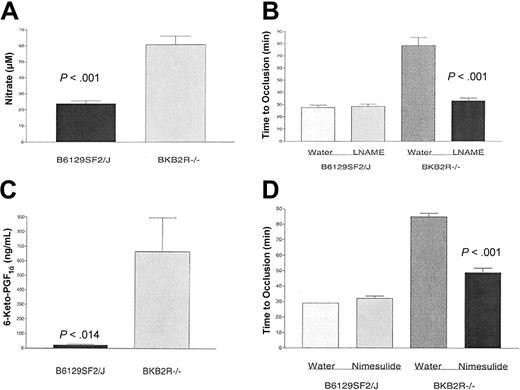 Figure 3. Measurement of nitric oxide and prostacyclin in BKB2R-/- mice. Mouse serum or plasma were collected from control (B6129SF2/J) or BKB2R-/- mice as indicated in “Materials and methods” for measurement of nitrate prepared from nitric oxide (A) or the stable prostaglandin I2 (prostacyclin) derivative, 6-keto-PGF1α (C), respectively. The data are the mean plus or minus SEM of 8 or more individual samples from BKB2R-/- and control mice. (B) BKB2R-/- mice and their controls were treated with 0.5 mg/mL L-NAME in their drinking water or with water alone for 7 days. After the treatment period, the time to vessel occlusion was determined using the Rose Bengal model for mouse carotid artery thrombosis. The data presented are the mean plus or minus SEM of 8 or more experiments with mice simultaneously treated with each of the conditions shown. (D) BKB2R-/- mice and their controls were treated with 50 μg/mL nimesulide in their drinking water or with water alone for 10 days. After the treatment period, the time to vessel occlusion was determined using the Rose Bengal model for mouse carotid artery thrombosis. The data presented are the mean plus or minus SEM of 5 or more experiments with mice simultaneously treated with each of the conditions shown.