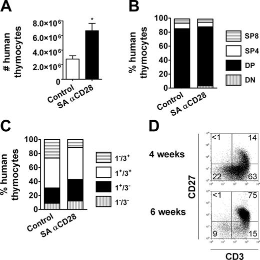Figure 3. SA anti-CD28 treatment in young HIS (BALB-Rag/γ) mice. (A) The number of human CD45+ thymocytes is shown at day 6 (mean ± SEM; □ indicates control animals; ▪, treated animals; *P < .05). The relative distribution of thymocytes at day 6, according to CD4/CD8 expression (B) and CD3/CD1a expression (C), is shown as previously described in Figure 2. Numeric results correspond to the mean values obtained from 3 to 4 mice, and are representative of 1 experiment out of 2. (D) Expression of CD3 and CD27 on total thymocytes in HIS (BALB-Rag/γ) mice 4 weeks (top) and 6 weeks (bottom) after reconstitution. Proportions of CD3+CD27+ cells (mean ± SEM) calculated from 7 individual mice are as follows: 17.9% ± 5.0% at 4 weeks; 73.9% ± 8.0% at 6 weeks.