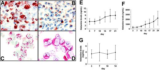 Figure 1. Immunohistochemical and immunocytochemical detection of HDC in CML cells. (A-B) Immunohistochemical analysis of bone marrow (BM) cells for expression of histidine decarboxylase (HDC) in a patient with accelerated-phase CML. Adjacent BM sections were stained with the basophil-specific antibody 2D7 (A) and an antibody against HDC (B). Original magnification, ×100. (C-D) Immunocytochemistry of primary CML cells obtained from the same patient. Slides were stained with the basophil-specific antibody 2D7 (C) and an antibody against HDC (D). Original magnification, ×40. (E-G) Measurement of histamine in cell-free supernatants of leukemic cells obtained from patients with chronic-phase CML (n = 4) (E), from patients with accelerated-phase CML (n = 3) (F), and in normal BMMCs (n = 3) (G). Isolated CML cells were cultured in RPMI 1640 medium and 10% FCS for various time periods as indicated. Concentrations of histamine in cell-free supernatants were determined by radioimmunoassay (RIA). Results represent the mean ± SD of 3 or 4 independent experiments.