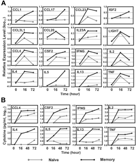 Figure 2. Enhanced production of cytokines in activated memory CD8+ T cells. (A) Higher expression levels of 16 cytokine genes in activated memory than naive CD8+ T cells. The mean relative expression levels of 16 cytokines are presented. The detailed information of these genes can be found in Table S8. CCL1 indicates chemokine (C-C motif) ligand 1; CCL3L1, chemokine (C-C motif) ligand 3-like 1; CCL4, chemokine (C-C motif) ligand 4 (MIP-1β); CCL17, chemokine (C-C motif) ligand 17; CCL20, chemokine (C-C motif) ligand 20 (MIP-3α); CCL23, chemokine (C-C motif) ligand 23; CSF2, colony-stimulating factor 2 (GM-CSF); IFNG, interferon gamma; IL2, interleukin 2; IL4, interleukin 4; IL5, interleukin 5; IL13, interleukin 13; IL23A, interleukin 23A; IGF2, insulin-like growth factor 2 (somatomedin A); LIGHT, tumor necrosis factor (ligand) superfamily, member 14 (TNFSF14); TNF, tumor necrosis factor (TNF superfamily, member 2). (B) Higher concentrations of cytokine proteins in the supernatant of activated memory than that of activated naive CD8+ T cells. Cytokines were measured from the culture supernatant of activated naive and memory CD8+ T cells by Bio-plex methods. One representative of 2 independent experiments is shown.
