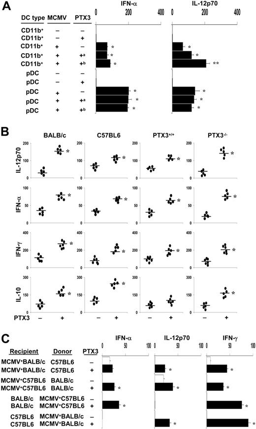 Figure 4. PTX3 promotes cytokine production. (A) CD11b+ DCs or pDCs, generated from bone marrow progenitors of BALB/c mice, were pre-exposed to 5 μg/mL PTX3 before infection (a) or were untreated and infected with 5 μg/mL PTX3-treated virus (b). Cytokines were determined in culture supernatants by ELISA assay and are expressed as picograms per milliliter. Bars indicate the standard errors. *P < .05, cytokine production in MCMV-infected DCs versus uninfected DCs. **P < .05, DCs infected with PTX3-treated virions versus PTX3-treated DCs. (B) Cytokine production in MCMV infection. Cytokine levels (pg/mL) in culture supernatants of spleen cells from mice with primary MCMV infection and treated with PTX3. *P < .05, PTX3 treated versus untreated mice. (C) Cytokine production in the MCMV reactivation model. BALB/c or C57BL6 mice were infected with MCMV. Infected mice were used either as recipients of allogeneic donor uninfected bone marrow cells (MCMV+ recipients) or as donors of bone marrow cells (MCMV+ donors) to be injected into uninfected recipients. PTX3 (1 mg/kg intraperitoneally) was given daily for 2 weeks, starting the day after HSCT. Cytokine (pg/mL) levels in culture supernatants of spleen cells were determined by ELISA assay. Bars indicate the standard errors. *P < .05, PTX3 treated versus untreated mice.