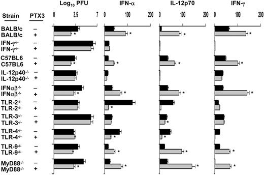 Figure 5. PTX3 activity is IL-12/IFN-γ dependent and TLR9/MyD88 independent. Viral load and cytokine production in different types of mice upon MCMV infection and PTX3 treatment. Animals were infected intraperitoneally with 105 (BALB/c, IFN-γ–/–) or 5 × 105 (C57BL6, IL-12p40–/–, IFN-αβ–/–, TLR2–/–, TLR3–/–, TLR4–/–, TLR9–/–, and MyD88–/–) PFU of MCMV. Virus titers, expressed as log10, were quantified on MEF cells by standard plaque assay on lung tissues removed at 7 days after infection. PTX3 (1 mg/kg intraperitoneally) was administered daily beginning on the day of the infection and continuing for 1 week. Controls received the diluent alone. Cytokine (pg/mL) levels in culture supernatants of spleen cells (day 7) were determined by ELISA assay. Bars indicate the standard errors. Results are representative of 3 independent experiments. *P < .05, PTX3-treated versus untreated mice.
