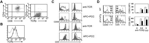 Figure 4. TCR expression and signaling in a DP thymocyte line expressing hCD3δ and lacking CD3γ. (A) The AND.DP.γ–/– line was surface stained with antibodies to CD4, CD8, TCRβ, and CD3γϵ and analyzed by flow cytometry. (B) The histogram shows surface TCR (TCRβ) expression in the AND.DP.γ–/– line (solid line) compared with DP thymocytes from AND TCR transgenic mice (dotted line). (C) CD69 and CD5 up-regulation in AND TCR transgenic DP thymocytes (left panels) or the AND.DP.γ–/– line (right panels) after 48-hour stimulation with 1 μg plastic-bound anti-TCRβ antibody or with DCEK cells preloaded with 2 μM pigeon cytochrome C (PCC) peptide 88-100. Shaded curves represent marker expression in unstimulated cells. (D) CD69 and CD5 up-regulation (left panels) in WT and γδ– × hδTg DP thymocytes stimulated for 48 hours with 0.5 μg (solid line) or 5 μg (dotted line) anti-TCRβ antibody, or in unstimulated cells (shaded curves), as determined by 3-color flow cytometry. Numbers within histograms represent the percentage of cells in the marked region for unstimulated (upper value) or anti-TCR–stimulated (0.5 μg, middle value; 5 μg, lower value) DP thymocytes. MFI values of CD69 and CD5 expression in WT (□) and γδ– × hδTg (▪) DP thymocytes stimulated with the indicated amount of anti-TCRβ antibody are plotted at the right.
