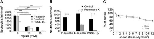 Figure 3. Lipid raft disruption by mβCD inhibits neutrophil rolling on P-selectin, E-selectin, or PSGL-1 but does not prevent firm adhesion of fMLP-activated neutrophils on ICAM-1. (A) Freshly isolated neutrophils, treated for 10 minutes with 10 mM mβCD, were perfused on P-selectin (▪), E-selectin (▦), or PSGL-1/μ (□). Results of 3 representative experiments are shown (mean ± SEM). ***P < .001. (B) Neutrophils treated with proteinase K (1.7 μg/mL for 20 minutes at 37°C; ▦) or its vehicle (▪) were perfused on P-selectin, E-selectin, or PSGL-1/μ chimera. (C) Neutrophils were treated for 10 minutes with 10 mM mβCD (▪) or its vehicle (○). After resuspension (106 cells/mL) in medium supplemented with fMLP (10 nM), neutrophils were perfused for 3 minutes under shear stress (0.5 dyn/cm2) on a coverslip coated with ICAM-1. After a pause of 3 minutes, cell detachment was induced by perfusion of cell-free medium at various shear stress levels. Results (mean ± SEM; n = 3) are shown as percent of the number of adherent cells remaining after perfusion of cell-free medium at 0.5 dyn/cm2.