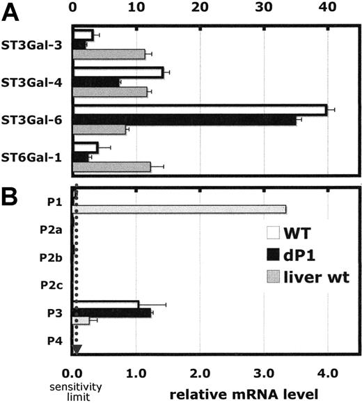 Figure 6. Real-time PCR analysis of selected genes in bone marrow of wild-type and Siat1ΔP1 mice. Expression of selected genes (A) and different mRNA forms of ST6Gal1 (B) were measured by real-time PCR relative to RPL32, a ribosomal protein mRNA, as reference standard. The procedure involved in analysis of 1 μg total RNA in duplicate. Sensitivity limit is denoted by the dotted line. Liver RNA is shown for comparison. Error bars represent 1 standard deviation from the mean of each group.