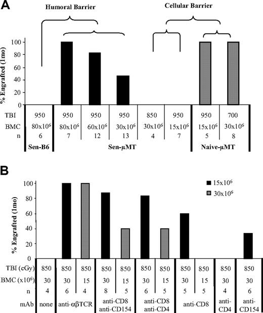 Figure 5. Dissection of the relative contribution of T-cell responses using μMT mice. μMT mice (H-2b) underwent transplantation with BALB/c (H-2d) or B10.BR (H-2k) skin grafts. (A) BMT was performed in presensitized μMT mice 5 to 7 weeks after skin grafting. Recipients were conditioned with 950 to 850 cGy TBI, and 80 to 15 × 106 BMCs were transplanted between 4 and 6 hours after TBI. Sensitized normal B6 mice and naive μMT mice were used as controls. Engraftment was analyzed by flow cytometry 1 month after BMT. (B) Sensitized μMT mice were preconditioned with anti-CD8, anti-CD154, anti-αβ-TCR, or anti-CD4 mAb alone and in combination, followed by 850 cGy TBI, and then underwent transplantation with 30 × 106 or 15 × 106 BMCs matched to the skin graft donor. Chimerism was tested at 1 month and was observed monthly for at least 6 months.