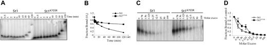 Figure 4. Kinetics of IFN-γ–dependent Stat1 and Stat1K703R DNA binding. (A) Stat1–/– MEFs, infected with retroviral vectors directing expression of either Stat1 (St1) or Stat1K703R (St1K703R), were stimulated with IFN-γ (66 U/mL for 30 minutes). Dissociation kinetics of Stat1 DNA binding activity were determined by incubating the IFN-γ–stimulated extracts with a labeled GAS probe (0.1 pmol for 20 minutes at 22°C) and then chasing with a 100-fold excess of cold probe. Aliquots were removed at indicated times and loaded onto a running gel. (B) Quantification of DNA binding from panel A was determined by ImageQuant (BD Molecular Dynamics, Santa Clara, CA) and plotted as fraction bound versus time. (C) Relative affinity was determined by simultaneously incubating IFN-γ–stimulated WCEs (from panel A) with a labeled GAS probe (0.1 pmol) and increasing molar excess of cold probe, as indicated (20 minutes at 22°C). Samples were then run on EMSA gel. (D) Quantification of DNA binding results from panel C was determined by imagequant and plotted as fraction bound versus molar excess of cold probe. Data are representative of 3 independent studies. Error bars indicate standard deviation.